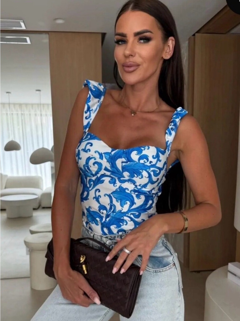 Imported from Paris 🇫🇷 Blue & White Square-Neck Tank Bodysuit - OS (S-M). - Picture 2 of 6